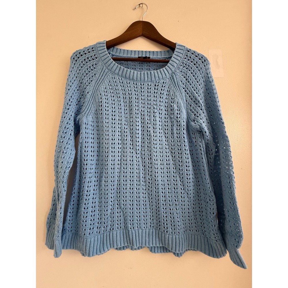 Talbots Petite Blue Cotton Open Knit Crew Neck Sweater LP JO5161 11/22